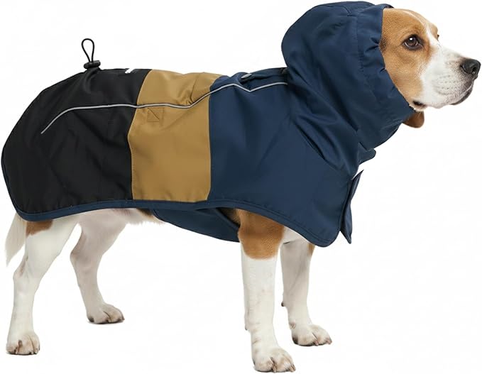 Spark Paws Dog Raincoat, Waterproof Windproof Rain Jacket, for Small Medium Large Extra Large Dogs, Reflective Breathable Full-Body Coverage Dry Suit - Blue Gold Black - 2XL