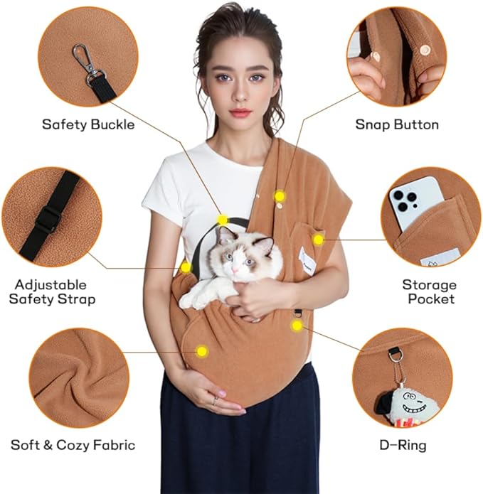 Dog Sling Carrier for Cats and Small Dogs – Hands Free Pet Sling with Adjustable Safety Strap & Buckle, Soft Cat Sling Carrier for Snuggling, Portable Dog Carrier Sling (Large, Khaki)