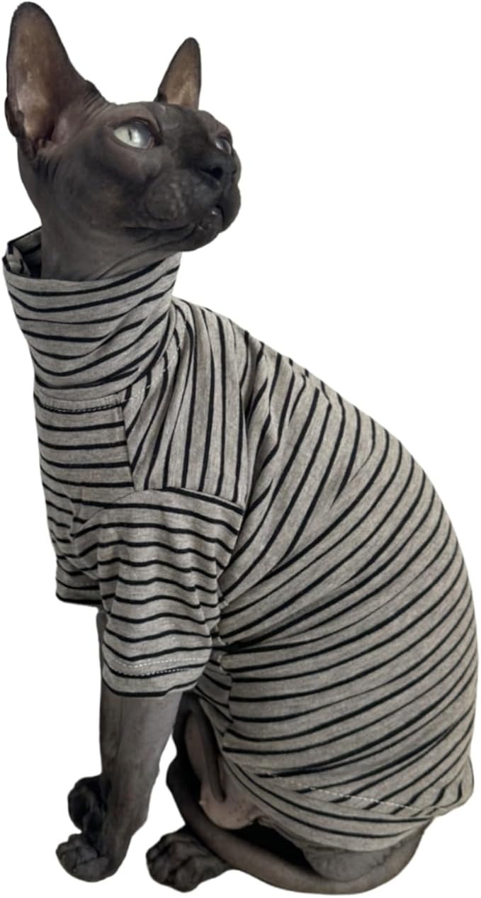 Vintage Stripes Sphynx Hairless Cats Shirt Cotton Cat Turtleneck Pet Clothes Kitten T-Shirts with Sleeves for Sphynx Cornish Rex, Devon Rex, Peterbald (Grey Stripe, X-Large (Pack of 1))