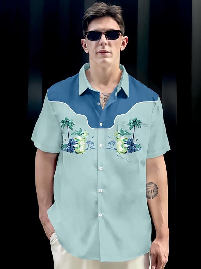 Men’s Hawaiian Shirt Western Cowboy Symmetrical Print Short Sleeve Button Down Casual Beach Holiday Summer Shirt