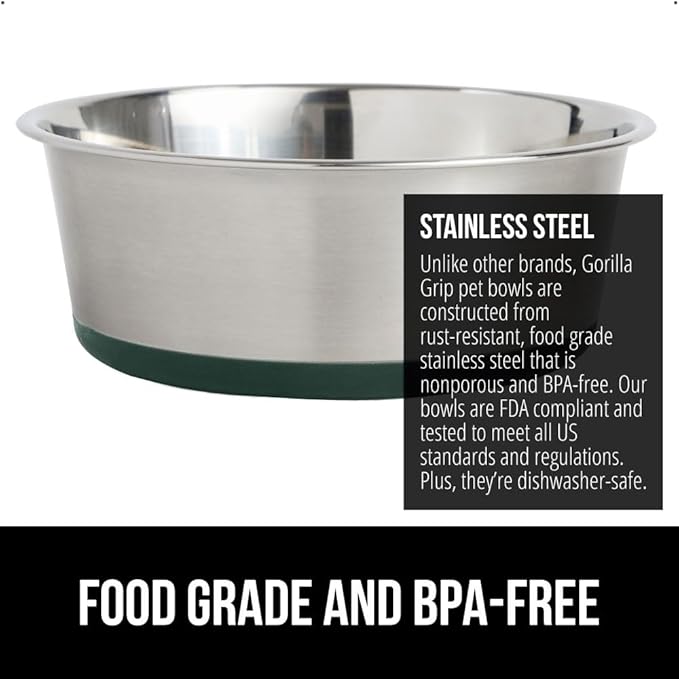 GORILLA GRIP Set of 2 Dog Bowls, Holds 6 Cups (48 fl oz), Heavy Duty Metal Food and Water Bowl for Feeding Dogs and Cats, Dishwasher Safe, Rust Resistant Stainless Steel, BPA Free Rubber Base, Green