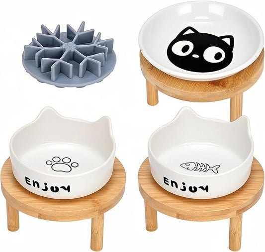 3PCS Elevated Cat Bowls,Wide Raised Ceramic Pet Dishes with Bamboo Stand, Whisker Friendly Pet Water or Food Plates Feeding Station for Indoor Small Dogs, Kitten (White(3PCS))