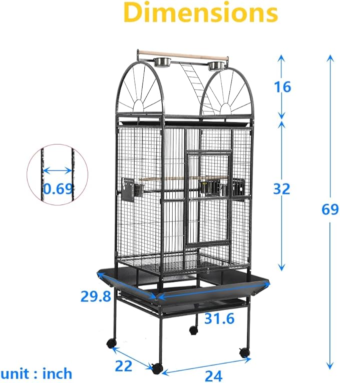 69-inch Large Bird Cage with Stand, Flight Cages for Parakeets & Play Top & Birdcage Cover for African Grey Quaker Amazon Cockatiel Sun Parakeet Green Cheek Conure Lovebird Eclectus Parrot