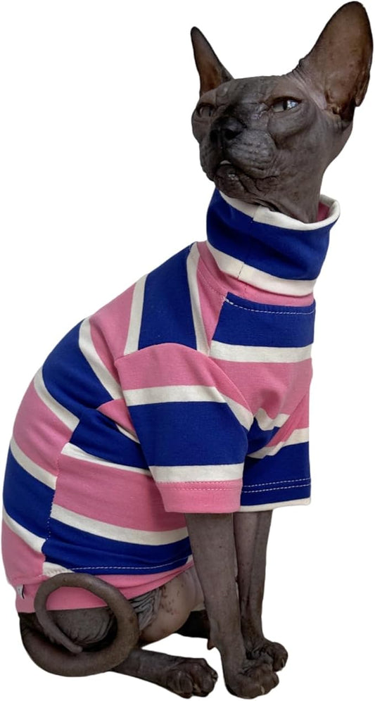 Vintage Stripes Sphynx Hairless Cats Shirt Cotton Cat Turtleneck Pet Clothes Kitten T-Shirts with Sleeves for Sphynx Cats (Wide Pink Blue Stripe, X-Large)