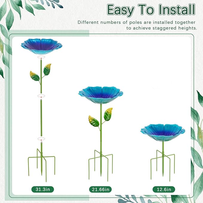 2 Pack Bird Bath for Outside, 31.3" H Metal Birdbaths, 10.63" Dia Garden Flower Bird Water Bowl, Freestanding Hummingbird Bath for Outdoors Garden Patio Yard Decor (Blue,Yellow)