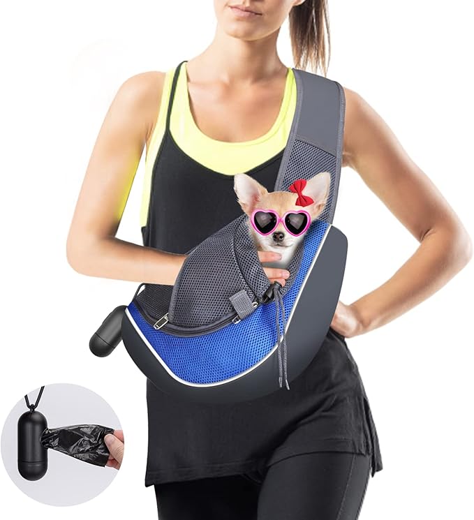 Nobleza Dog Sling Carrier, Mesh Adjustable Pet Sling Puppy Sling Carrier for Small Medium Dog Cat Rabbit (S (up to 5 lbs), Gray Blue)