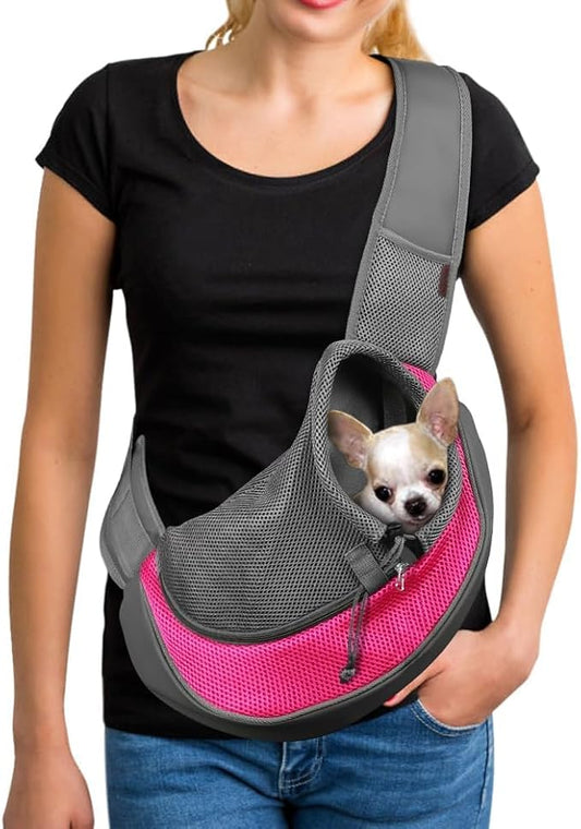 YUDODO Pet Sling Carrier for Small Dogs & Cats – Hands-Free Puppy Carrier with Safety Hook, Large Zipper Pocket, Soft Breathable Mesh, Adjustable Strap & Reflective Strip (Pink 1.0 S)