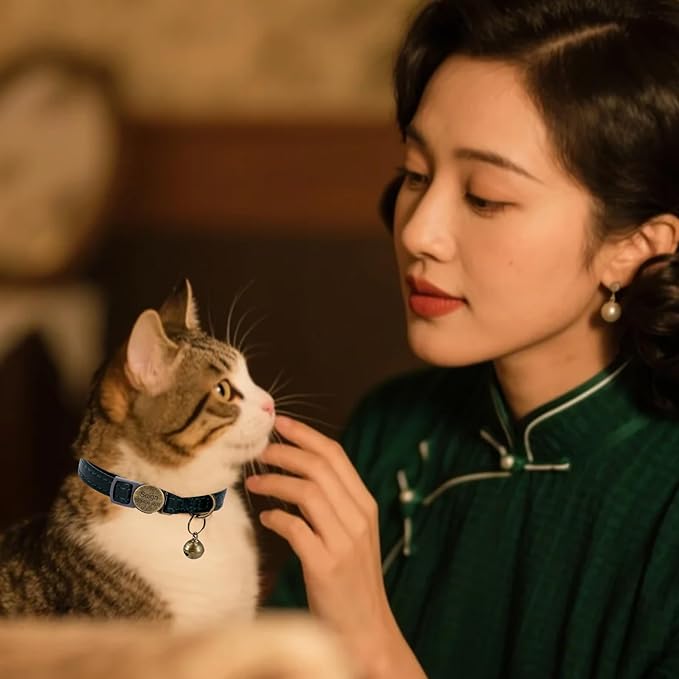 Cat Collar Breakaway, Personalized Leather Cat Collar with Bells-Adjustable Customized Collar with Name & Phone Number Tag for Girl Boy Cats -Quick Release Buckle for Cats & Kittens(Green)