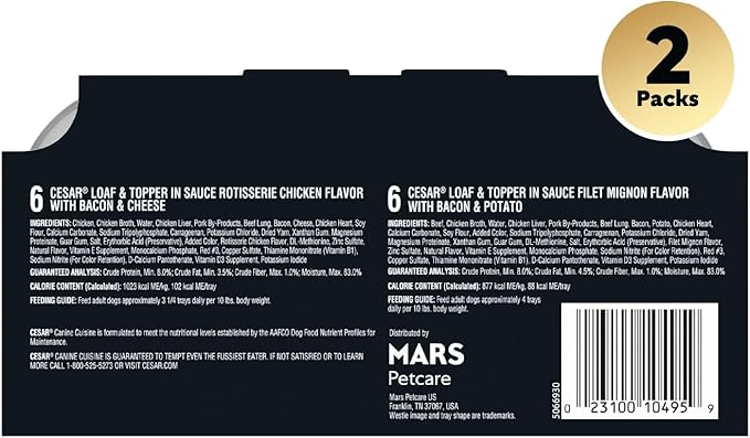 Cesar Wet Dog Food Loaf in Sauce Rotisserie Chicken Flavor with Bacon & Cheese and Filet Mignon Flavor with Bacon & Potato Variety Pack, 3.5 oz. Easy Peel Trays (12 Count, Pack of 2)
