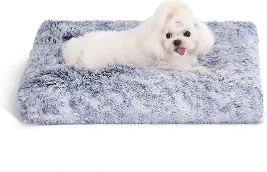 Bedfolks Plush Dog Crate Bed, Washable Cover, Faux Fur Pad, 21"x13", Dark Blue