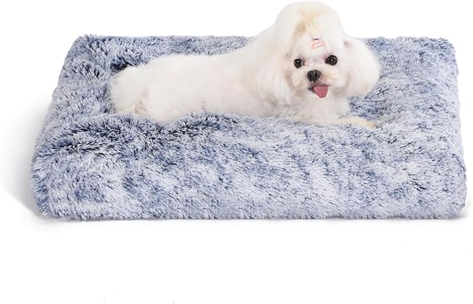 Bedfolks Waterproof Crate Bed, Plush Dog & Cat Bed with Removable Washable Cover, Faux Fur Kennel Pad, 23"x18", Dark Blue