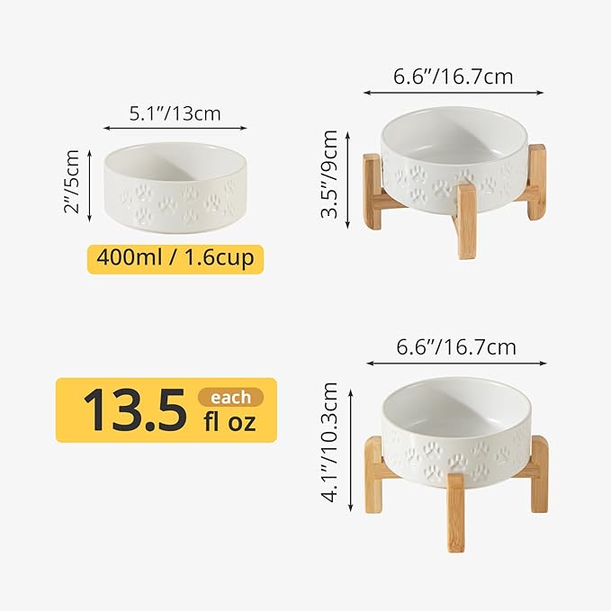 Elevated Ceramic Dog Bowls 2 Pack, 5.1" Individual Dog Bowl with 2 Fixed Height Stand, 1.6 Cup Food and Water Bowls for Toy Breed, Small-Breed Puppy (Double Bowls + Double Stands - White, 5.1 inch)