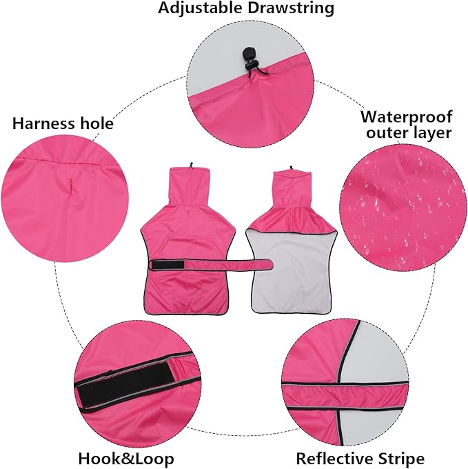 Dog Raincoat with Reflective Bar, Rain/Water Resistant, Adjustable Vest - Dog Raincoats for Greyhounds, Lurchers and Whippets - Pink - XXXL