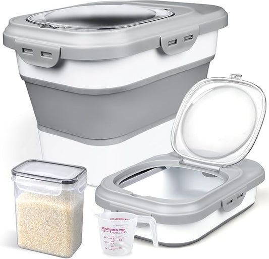 Rice Storage Container, Collapsible Airtight Food Storage Containers 6-20 Lbs, Rice Dispenser with Measuring Cup and Small Bin for Flour Cereal Pasta Grain, Cat Pet Dog Bird Food Container
