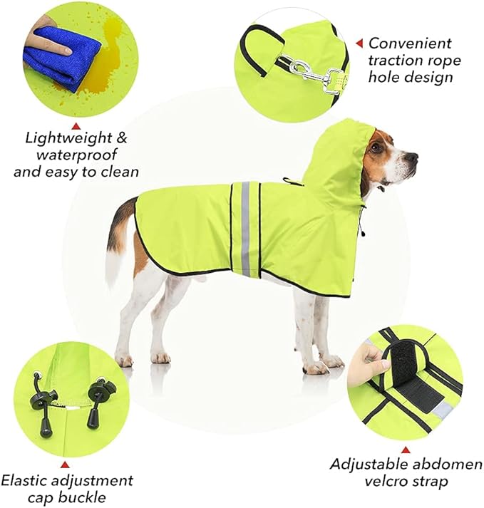 Waterproof Raincoats for Dogs - Adjustable Pet Raincoat Jacket, Lightweight Dog Hooded Rain Coat Waterproof Rain Poncho for Small to X- Large Dogs and Puppies (Neon Green, Large)