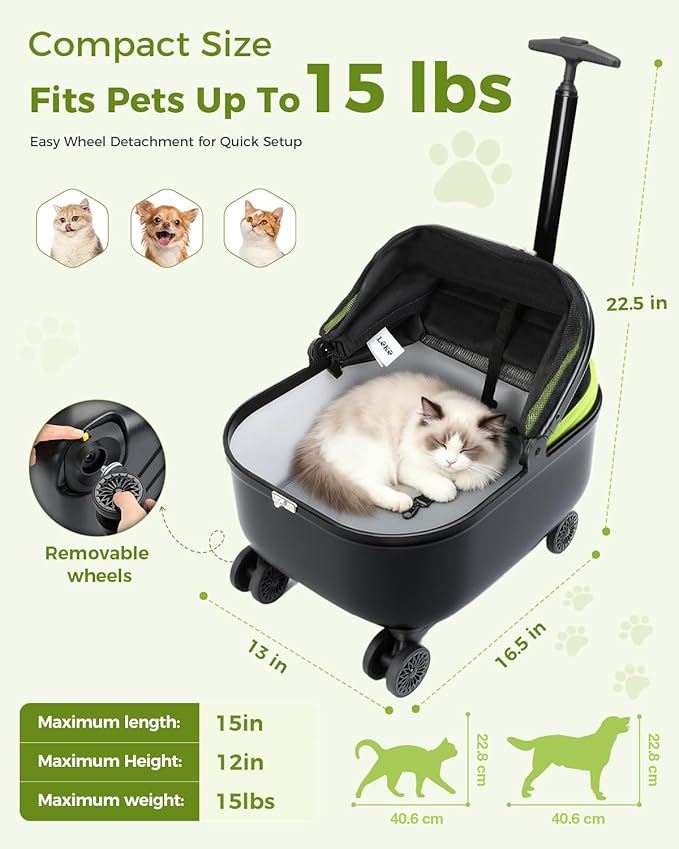 Lekereise Cat Carrier with Wheels (Black), 180° Wide Open Rolling Cat Carrier for Outdoor Adventures, Silent Wheels & Hard Bottom for Park/Camping, Portable Pet Travel Carrier for Cats Up to 15 lbs