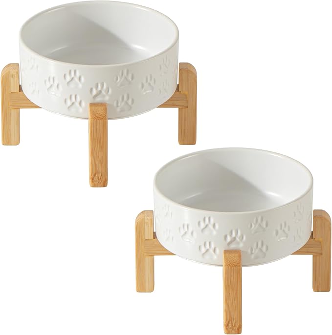 Elevated Ceramic Dog Bowls 2 Pack, 5.1" Individual Dog Bowl with 2 Fixed Height Stand, 1.6 Cup Food and Water Bowls for Toy Breed, Small-Breed Puppy (Double Bowls + Double Stands - White, 5.1 inch)