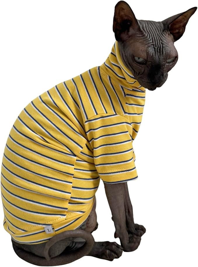Vintage Stripes Sphynx Hairless Cats Shirt Cotton Cat Turtleneck Pet Clothes Kitten T-Shirts with Sleeves for Sphynx Cornish Rex, Devon Rex, Peterbald (Yellow Stripe, Medium (Pack of 1))