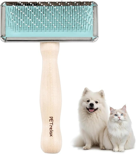 Pin Brush for Dog & Cat,Grooming Brush for Shedding, Dematting, Bath, for Long/Short Hair, Poodles, Indoor Cats, Wooden Handle, with Angled Stainless Steel Pins and Coated Tips