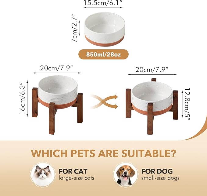 Ceramic 6.1inch Raised Dog and Cat Bowl Set, 2 Heights Elevated Wooden Stand for Small Breed Dogs, Weighted Pet Food and Water Dishes(6.1'',28.7oz, Vanilla White)