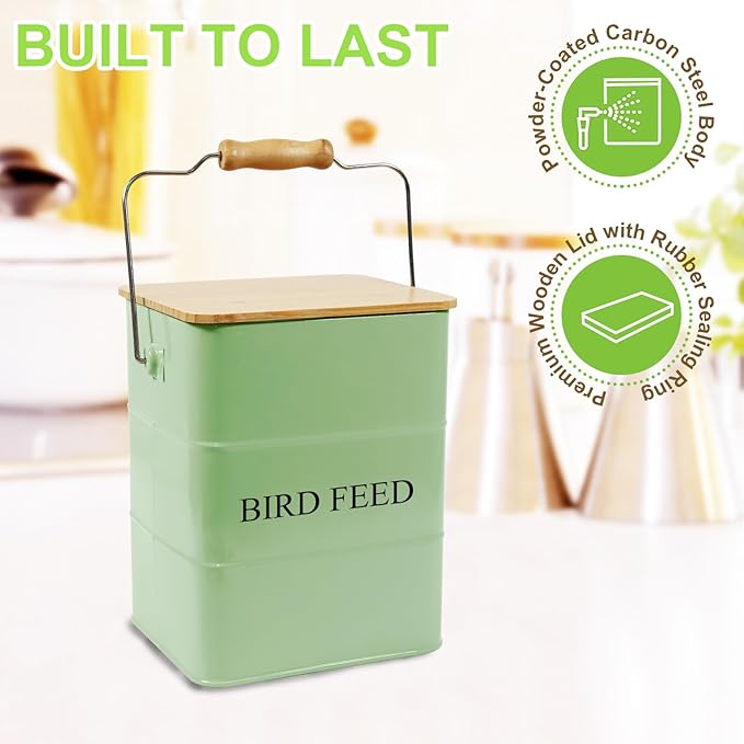 Metal Bird Seeds storage container,Outdoor Bird Food Container Canister, Pet Food Bin with Wooden Lid/Handle/Food scoop,hold 5-6 Lbs of Wild Bird Seed Sunflower Seed-Preventing Squirrels-Green