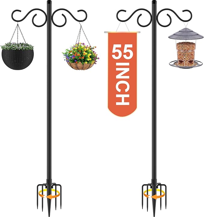 Double Shepherds Hooks for Outdoor,2 Pack 55 Inch Bird Feeder Pole with 5 Prongs Base,Heavy Duty Shepherds Hook,Suitable for Garden in Hanging Flower Basket,Lantern,Bird Nests (2 Pack 55 inch)