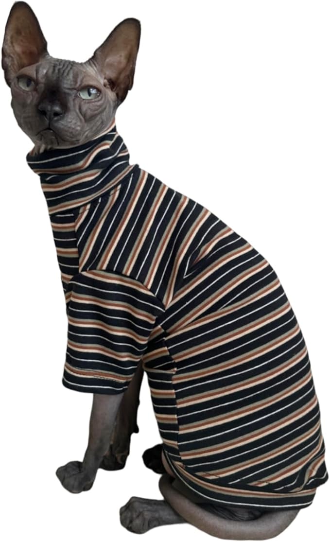 Vintage Stripes Sphynx Hairless Cats Shirt Cotton Cat Turtleneck Pet Clothes Kitten T-Shirts with Sleeves for Sphynx Cats (Vintage Black, X-Large)