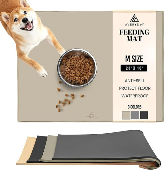 AVERYDAY 23x16'' Silicone Dog Mat for Food and Water, 0.63'' Edge Dog Food Bowl Mats for Floor Waterproof, Dogs Water Mat for Sloppy Drinker, Non Slip Rubber Pet Feeding Mats for Indoor Dogs and Cats