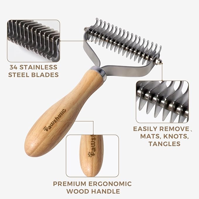 Undercoat Rake for Dogs - Professional Pet Shedding Dematting Comb with Wood Handle, Stainless Steel Blades for Pet Cats Dogs Matted Hair Tangles Removing