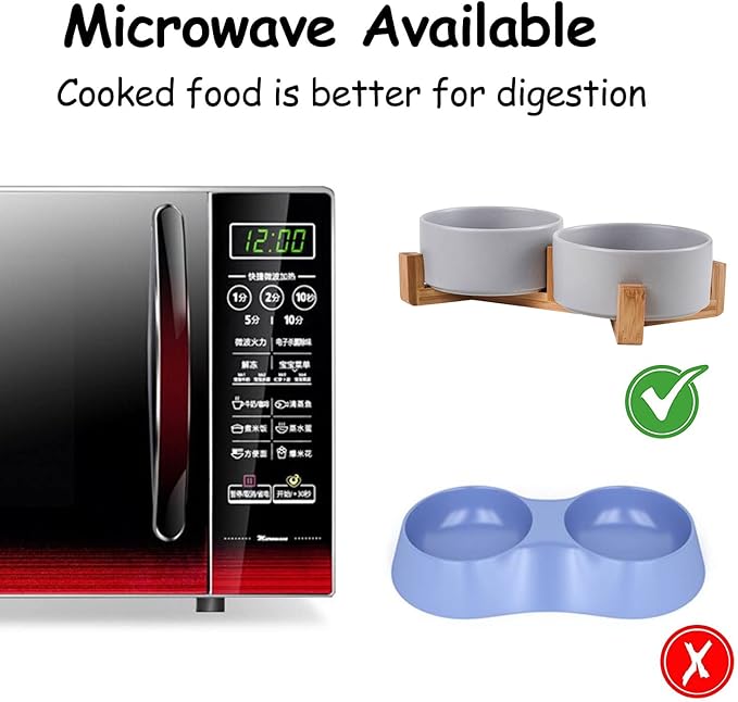 Petygooing Ceramic Dog Bowl Set with Wood Stand, Grey, 13.5OZ/5.1 in, Suitable for Cats & Small Dogs