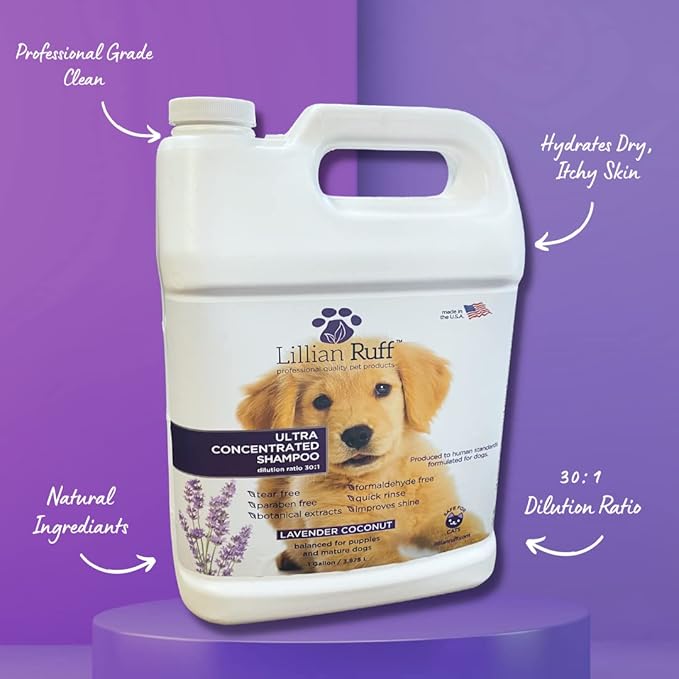 Lillian Ruff High Concentrate Professional Grooming Shampoo for Dogs with Hydrating Essential Oils – 30:1 Concentration for Bathing System - Clean, Condition, & Deodorize Dry Sensitive Skin (Gallon)