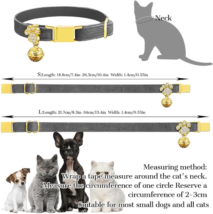 Personalized Breakaway Cat Collars - Magnetic Buckle, Bell - Safety Quick Release, Customized for Girls & Boys Cats- (Velvet-Grey)