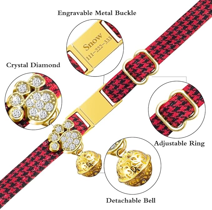 Personalized Breakaway Cat Collars - Magnetic Buckle, Bell - Safety Quick Release, Customized for Girls & Boys Cats- (Houndstooth-Red)