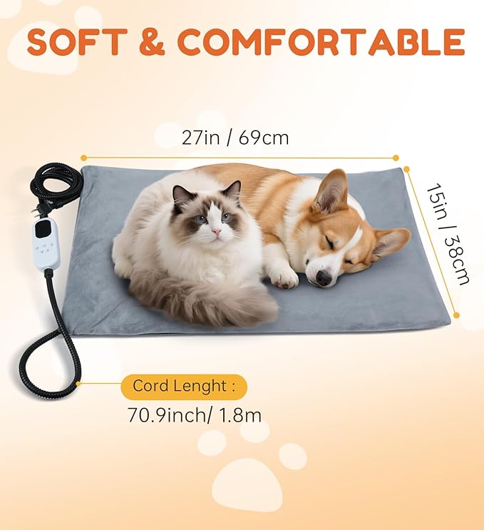 HOPET Dog Cat Heating Pad with Adjustable Temperature Timer, Waterproof Heated Dog Cat Bed with Chew Resistant Cord, Indoor/Outdoor Electric Heating Pad for Dog House,Rescue Cats,Grey,27x15 in