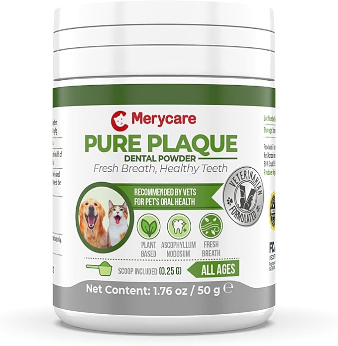 Pure Plaque Off Vet-Approved Dental Powder for Dogs & Cats | 100% Natural Teeth Cleaner with Seaweed | Plaque & Tartar Remover | Freshens Breath | No Brushing Needed (50g)