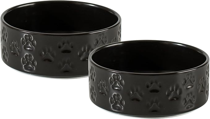Ceramic Dog Bowl Set, 6.1" Dog Bowls with Anti-Slip Rings for Small Breed Dogs, 3.5 Cup Food and Water Bowls, Pet Dishes for Small-Sized Dogs, Microwave Safe (Double Bowls - Black, 6 inch)