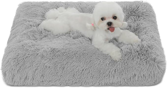 Bedfolks Plush Dog Crate Pad, Washable Faux Fur Bed for Small Dogs & Cats - 17"x12", Light Grey