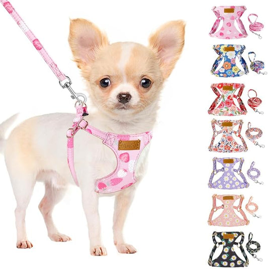 SlowTon No Pull Dog Harness with Leash - Soft Lightweight Floral Pattern Puppy Harness, Adjustable Pet Harness for Small Medium Dogs (Strawberry S)