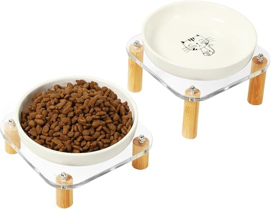 Elevated Cat Bowls for Indoor Cats – Raised Acrylic Cat Bowl Stand with 5.8 Inch Wide Ceramic Dishes, Pet Food Table Plate for Easy Feeding, Whisker Friendly(White,Set of 2)