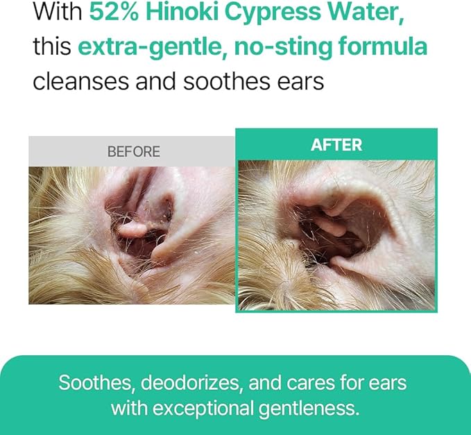 PetO’Cera CL’Ear Ear Cleaner for Dogs & Cats with 52% Hinoki Cypress Water, Soothes Itching & Irritation, Cleans & Deodorizes, Alcohol-Free & Gentle Formula, Korean Pet Care (4 fl oz/120ml)