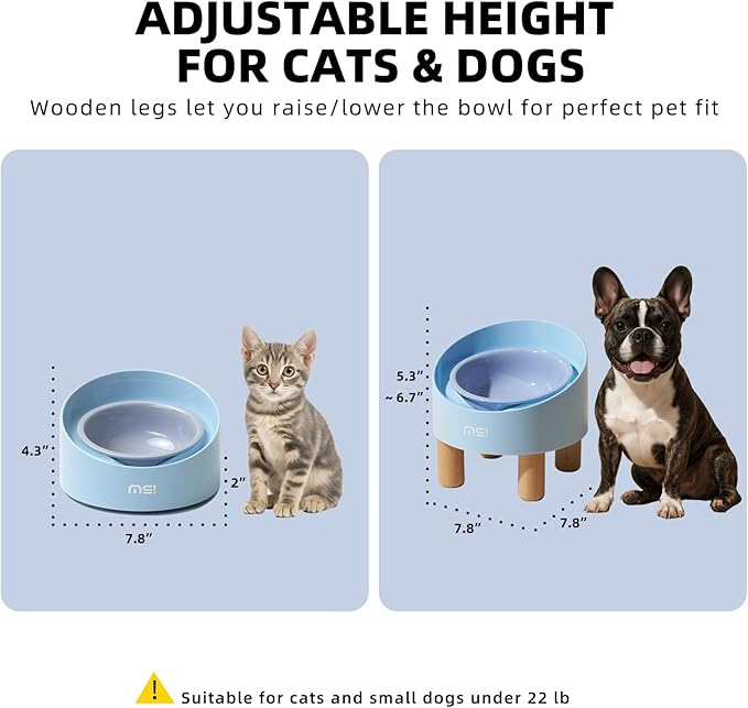 MS!MAKE SURE Cat Bowls, Adjustable Elevated Ceramic Cat Bowls with Anti-Slip Rubber Pad, Splash Guard, Lead & Cadmium Free, Whisker Friendly, for Puppies & Cats - 5.1" Wide, 295ML (10 oz), Blue