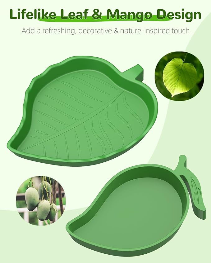 Pawfly 4 Pcs Reptile Water Bowl, Tortoise Water Dish, Food & Water Feeder, Cute Leaf & Mango Feeding Dish, Tortoise Habitat Accessories for Turtle, Gecko, Bearded Dragon & Lizard, 2 Styles