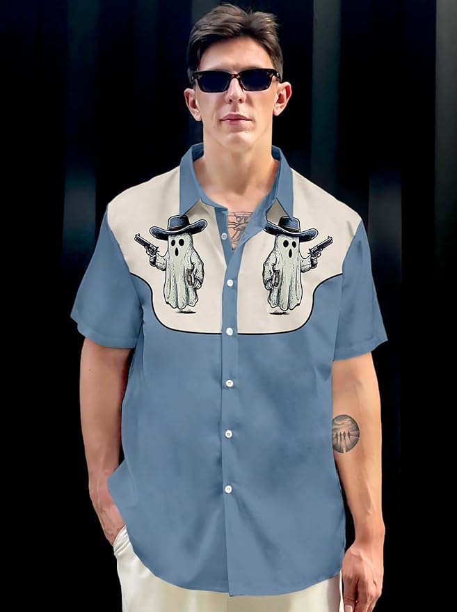 Men’s Hawaiian Shirt Western Cowboy Symmetrical Print Short Sleeve Button Down Casual Beach Holiday Summer Shirt