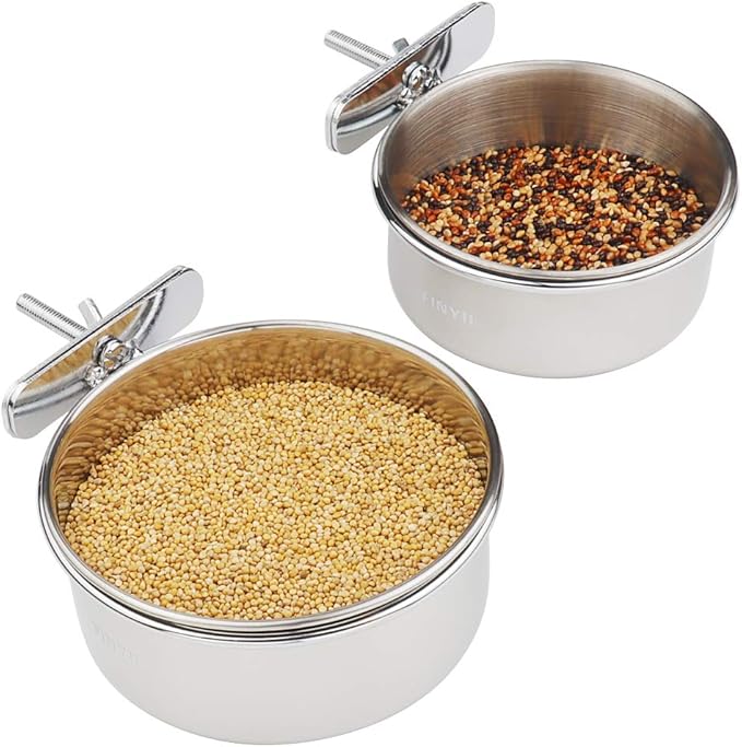 2-Pack Bird Parrot Feeding Cups with Clamp, Stainless Steel Food Water Bowls Dish for Small Animal, Chinchilla, Ferret, Cockatiel, Conure, Parakeet
