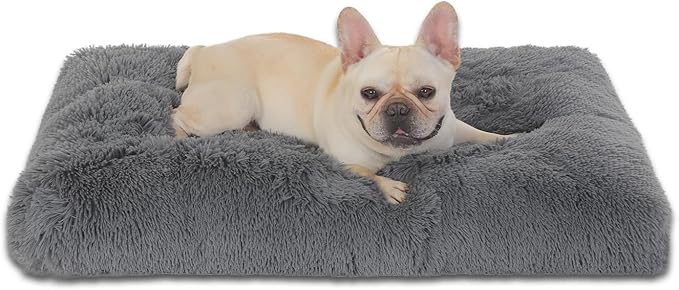 Bedfolks Waterproof Dog Crate Bed,Plush Dog Crate Pad with Removable Cover,Faux Fur Dog Bed for Large Dogs,Fluffy Washable Dog Kennel Bed 35"x23",Solid Dark Grey