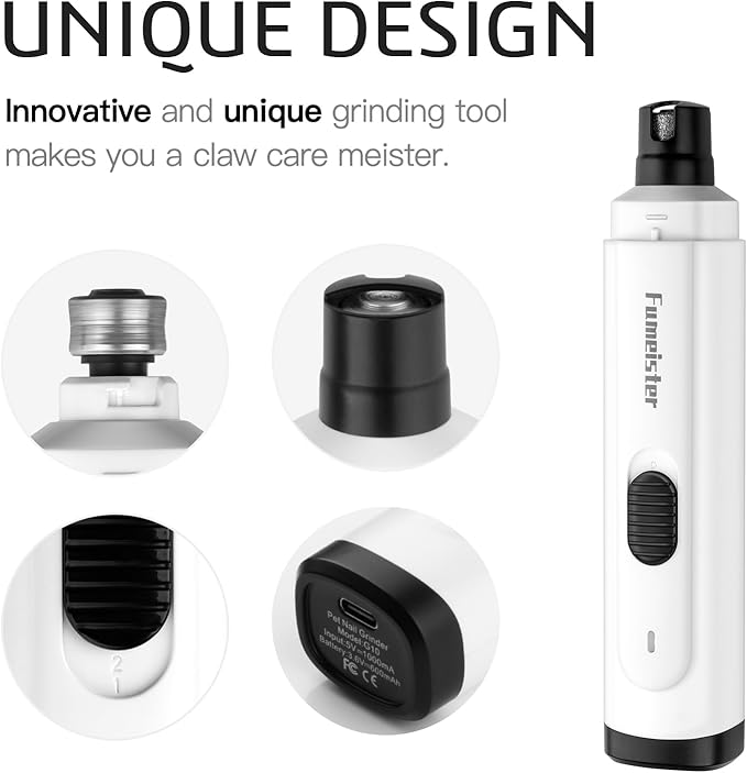 Pet Nail Grinder for Dogs - Quiet 2-Speed Type-C Rechargeable Dog Nail Trimmer, Low Noise Paw Grooming for Dogs & Cats (White)