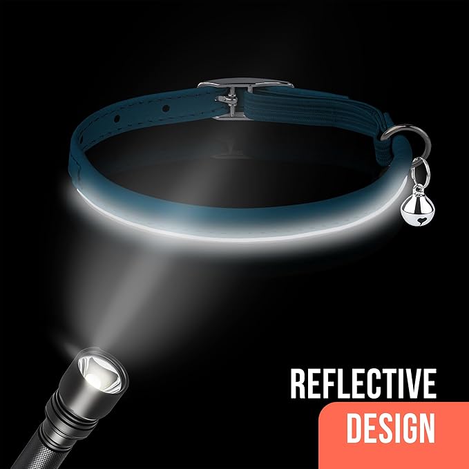 OOPSDOGGY Rolled Leather Cat Collar with Bell, Reflective Kitten Collars with Buckle Include Safety Elastic Strap - Adjustable Small Pet Collars for Boy Girl Cats (Blue)