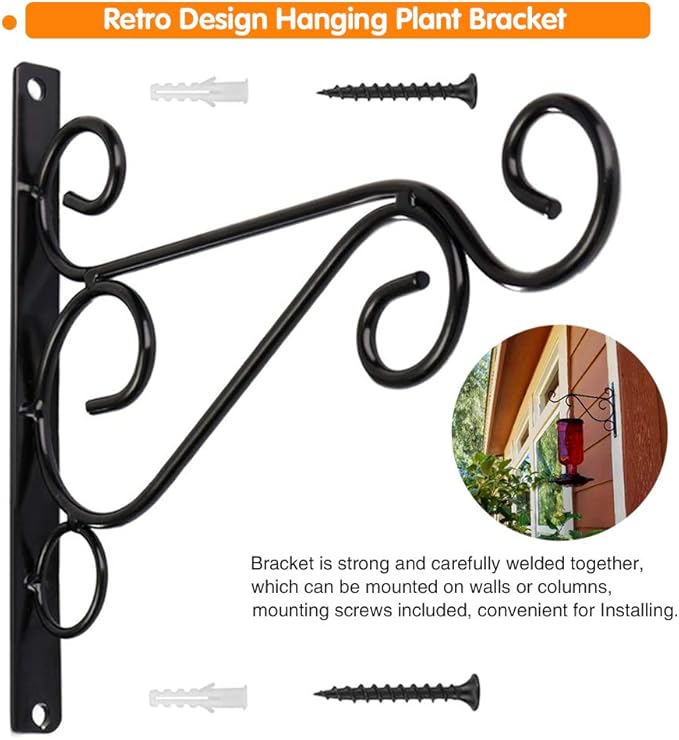 KABB Pack of 2 Black Iron Outdoor Hanging Brackets Wall Hooks for Bird Feeder Lanterns Wind Chimes with Screws