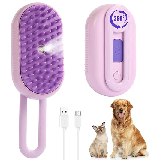 4-in-1 Pet Steam Brush for Dogs & Cats - Anti-Static Deshedding Grooming Tool with Massage & Cleaning for Long/Short Hair | Micro-B Rechargeable (Purple)