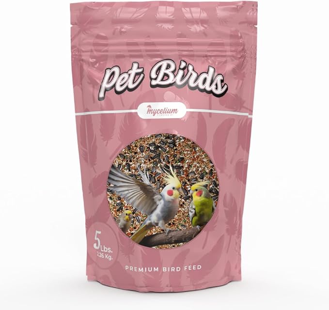 Mycelium Pet Bird Superfood | Organic, Non-GMO Bird Food for Cockatiels, Parakeets, Conures, and Lovebirds | High-Nutrition Blend with Vitamins, Whole Eggs, Safflower, and Whole Hemp Seed, 5 lbs